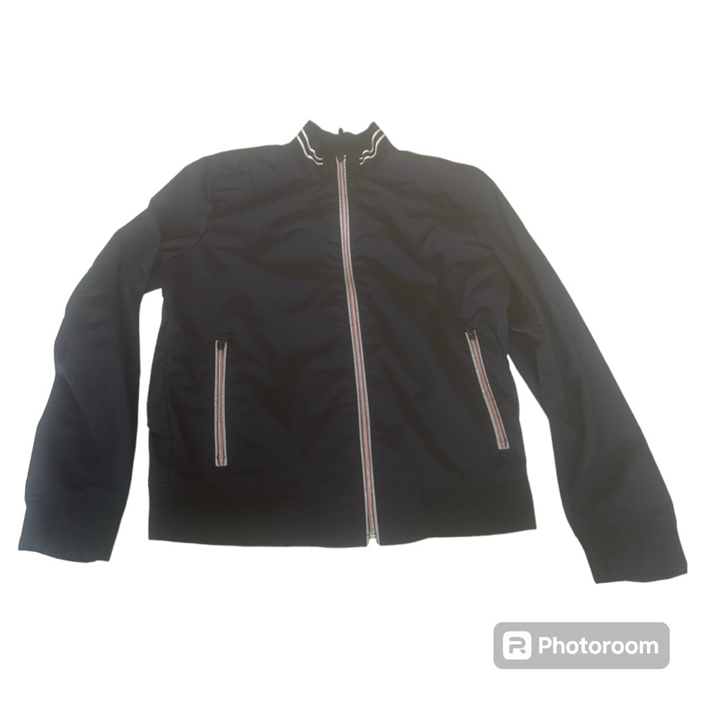 Banana Republic navy wind breaker bomber jacket white red gray stripe details